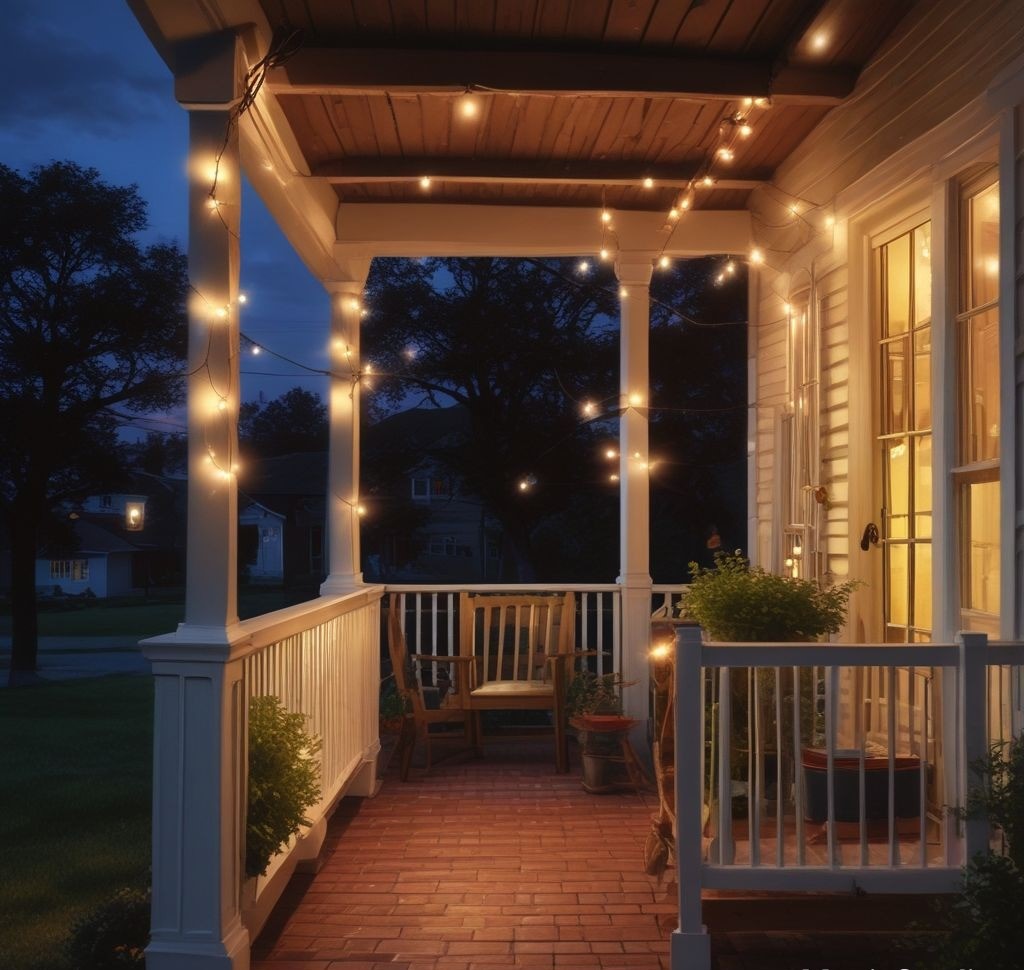 Atmospheric evening photography of porch with delicate string lights, solar lantern, soft warm glow, subtle shadows
