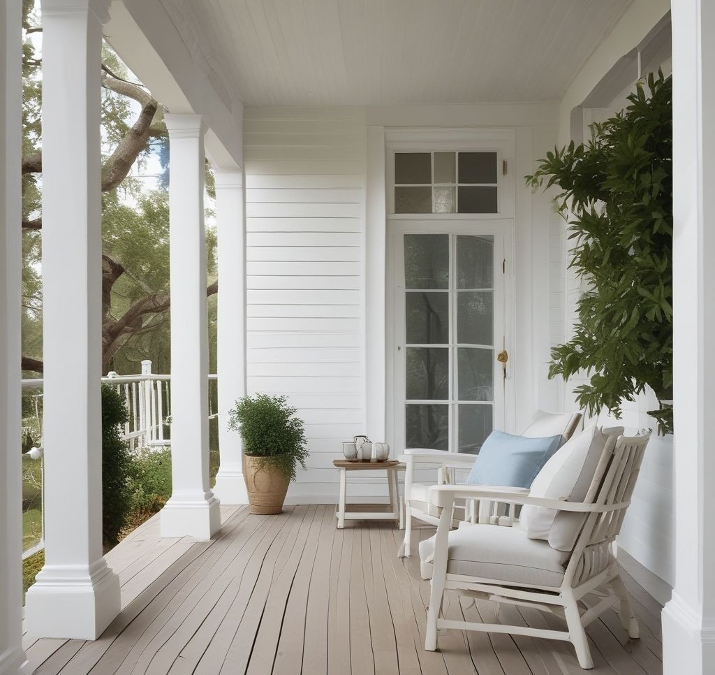 Interior design photography of porch in soft whites and pale blues, minimalist styling, natural light, clean lines