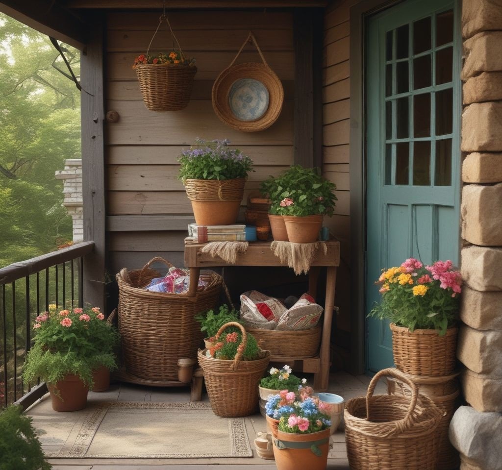 A rustic porch setup featuring large woven baskets filled with rolled-up blankets, gardening tools, and small flower pots, blending functionality with style.