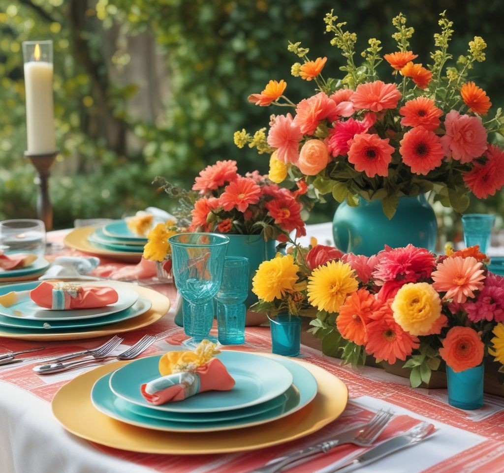 A spring table setup with a bold color palette of coral, teal, and yellow, featuring a white tablecloth, multicolored napkins, and a vibrant floral centerpiece in matching hues, styled outdoors under soft natural sunlight.