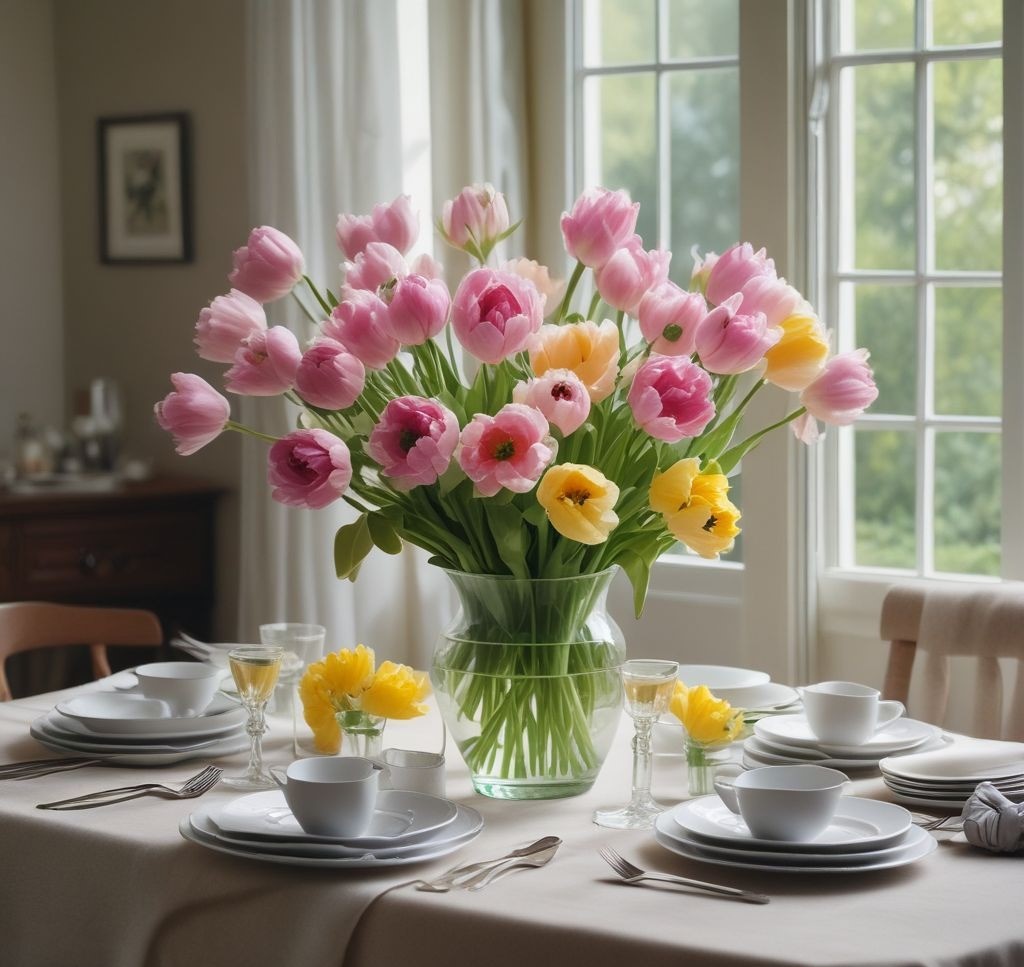 A close-up of a spring dining table with a large vase of pastel-colored tulips, daffodils, and peonies in the center. Surrounding the vase are plates and silverware in soft tones, with natural sunlight streaming through a nearby window.