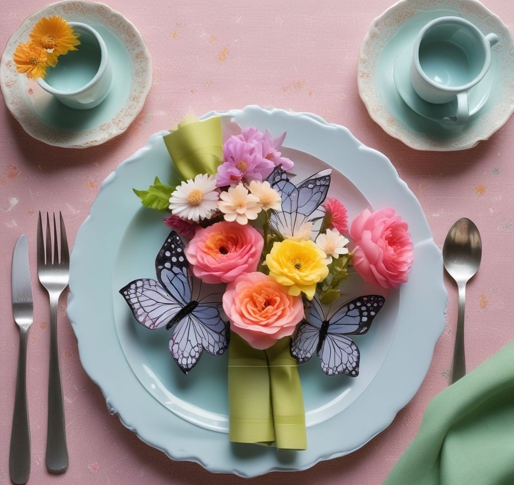 A spring table setting featuring butterfly-shaped napkin rings, floral-patterned plates, and vibrant cups, all arranged on a pastel tablecloth with a bouquet of seasonal flowers in the center.