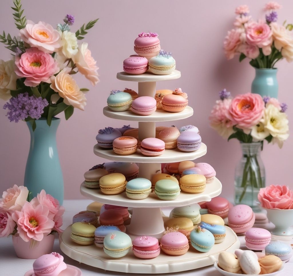A tiered dessert stand featuring pastel macarons, mini cupcakes with floral frosting, and cookies shaped like flowers. Surround the stand with small plates, each holding a single dessert, and soft floral accents.