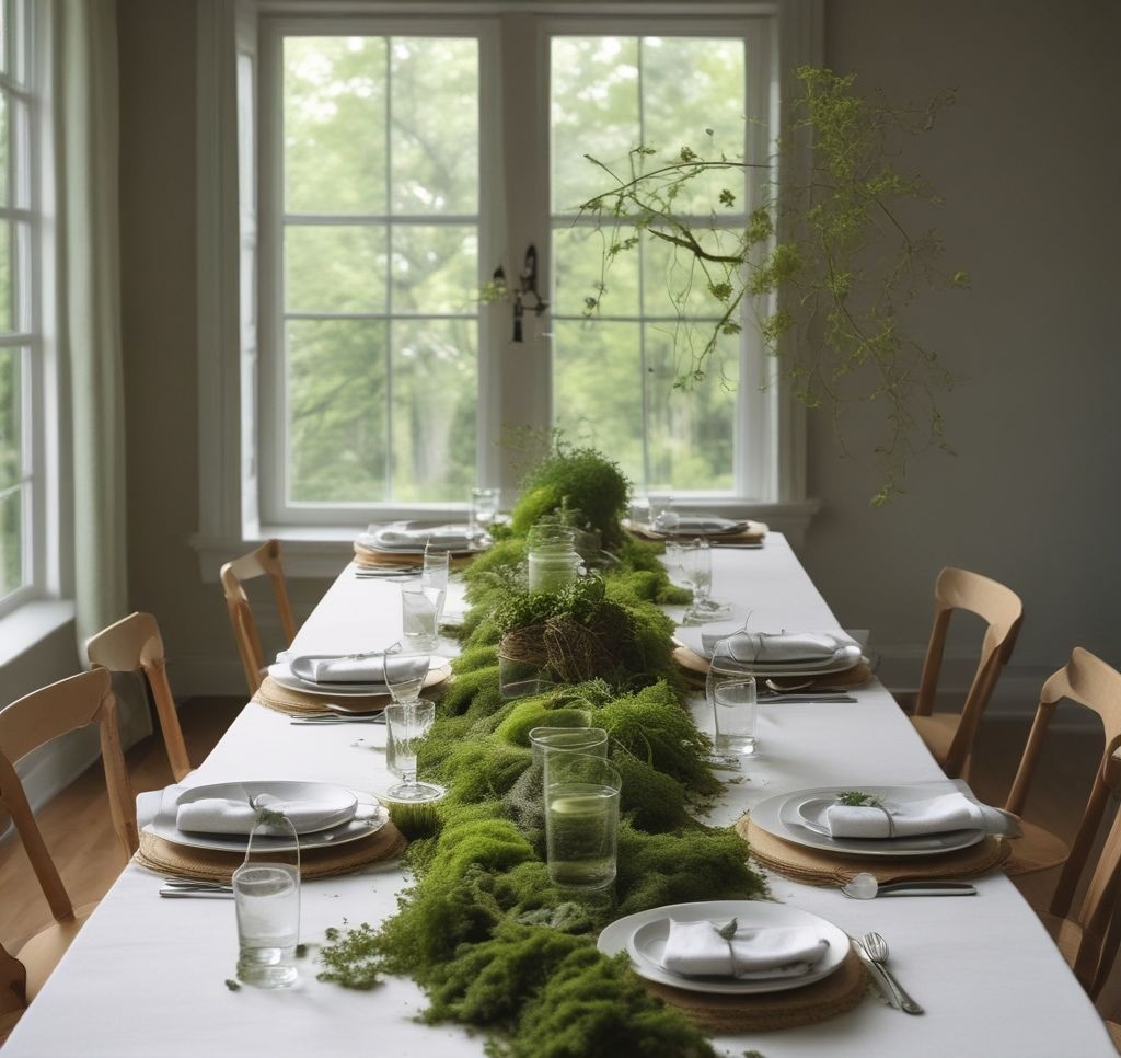 A nature-inspired spring table with moss runners, small branches arranged as part of the centerpiece, and fresh herbs tied around napkins, set in a minimalist dining room with natural light.
