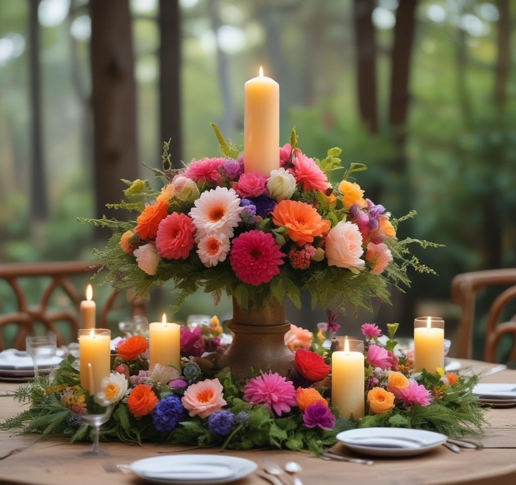A dynamic spring table centerpiece featuring tiered trays with vibrant florals, candles of varying heights, and scattered greenery, placed on a rustic wooden table in an open-air setting.