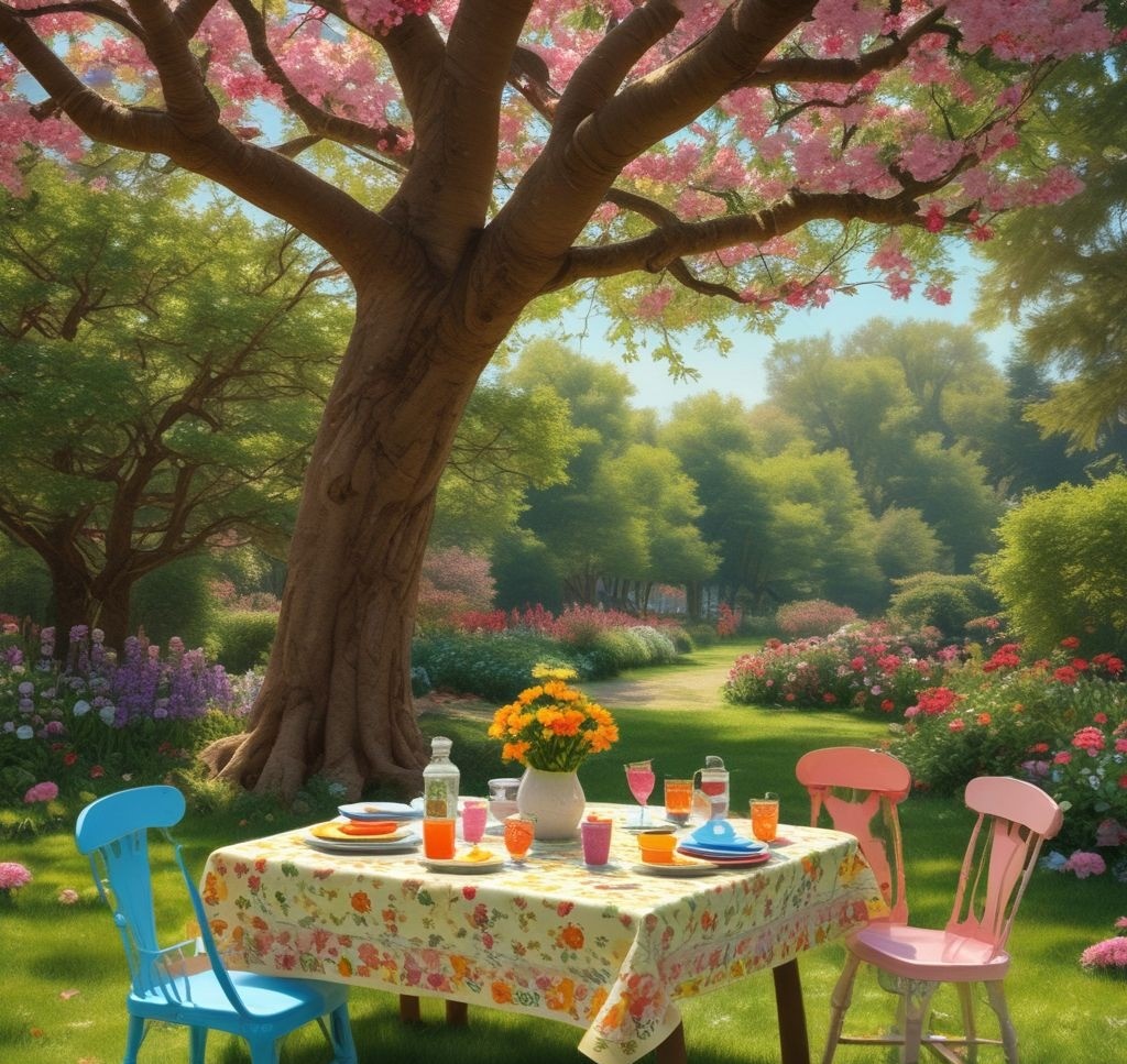 A playful spring-themed kids’ table with colorful tablecloths, easy-to-clean plates, spring-themed stickers, and small toys, surrounded by small chairs in a garden setting with sunlight filtering through trees.