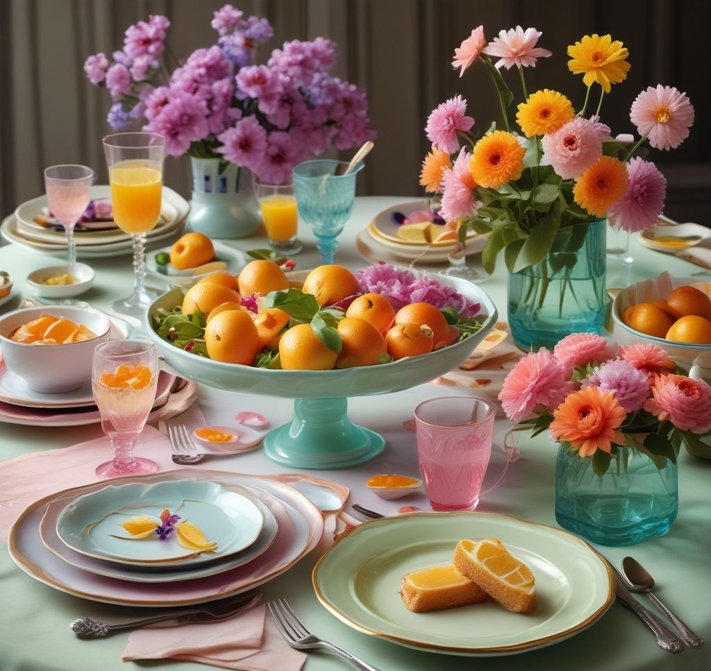 A spring table setting with citrus-infused drinks in colorful glassware, dishes garnished with edible flowers, and a dessert platter featuring pastel-colored treats, arranged in a cohesive and vibrant style.
