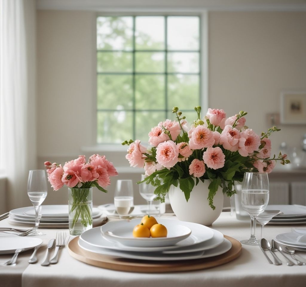 A practical yet elegant spring table setup with minimal decor, ample space for plates and glasses, and a bright floral centerpiece, set in a modern dining room with natural lighting and neutral tones.