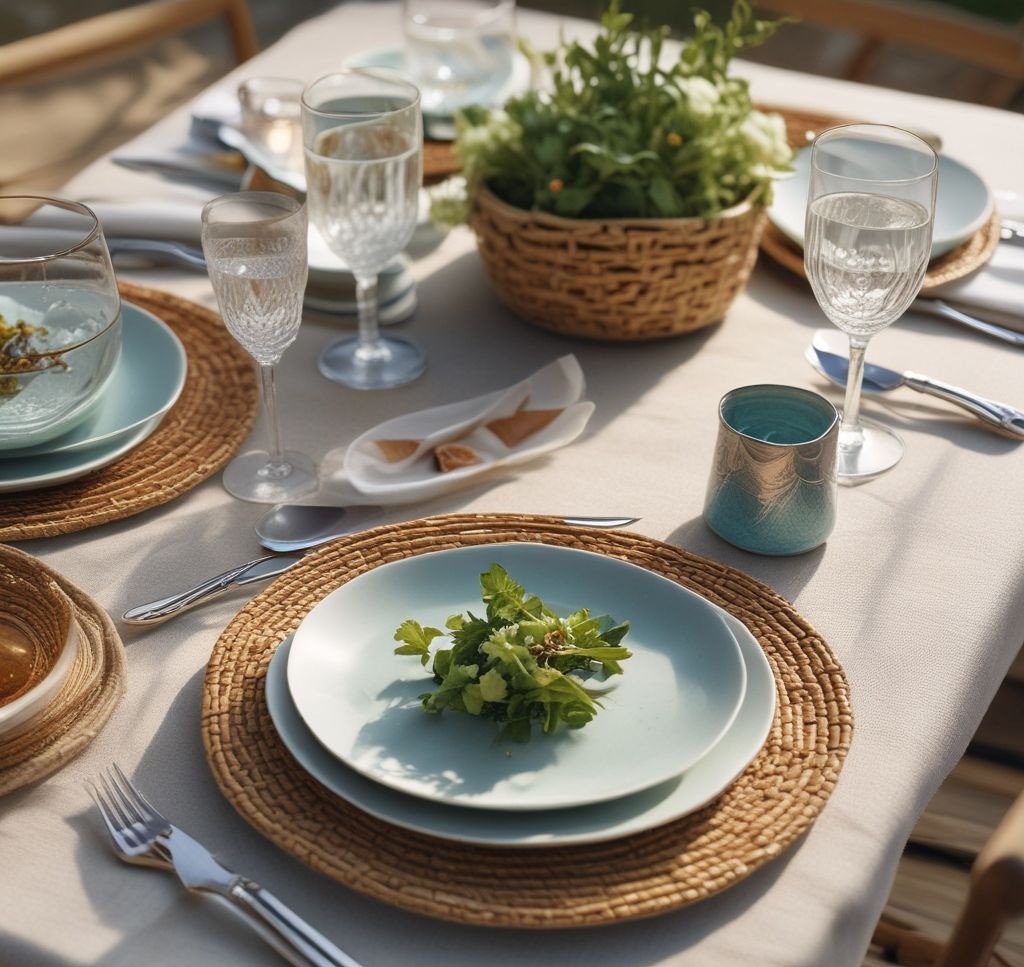 An elegantly textured spring table setting featuring woven jute placemats, vibrant ceramic plates, soft linen napkins, and metallic chargers, with a glass of sparkling water to the side, captured in warm daylight.