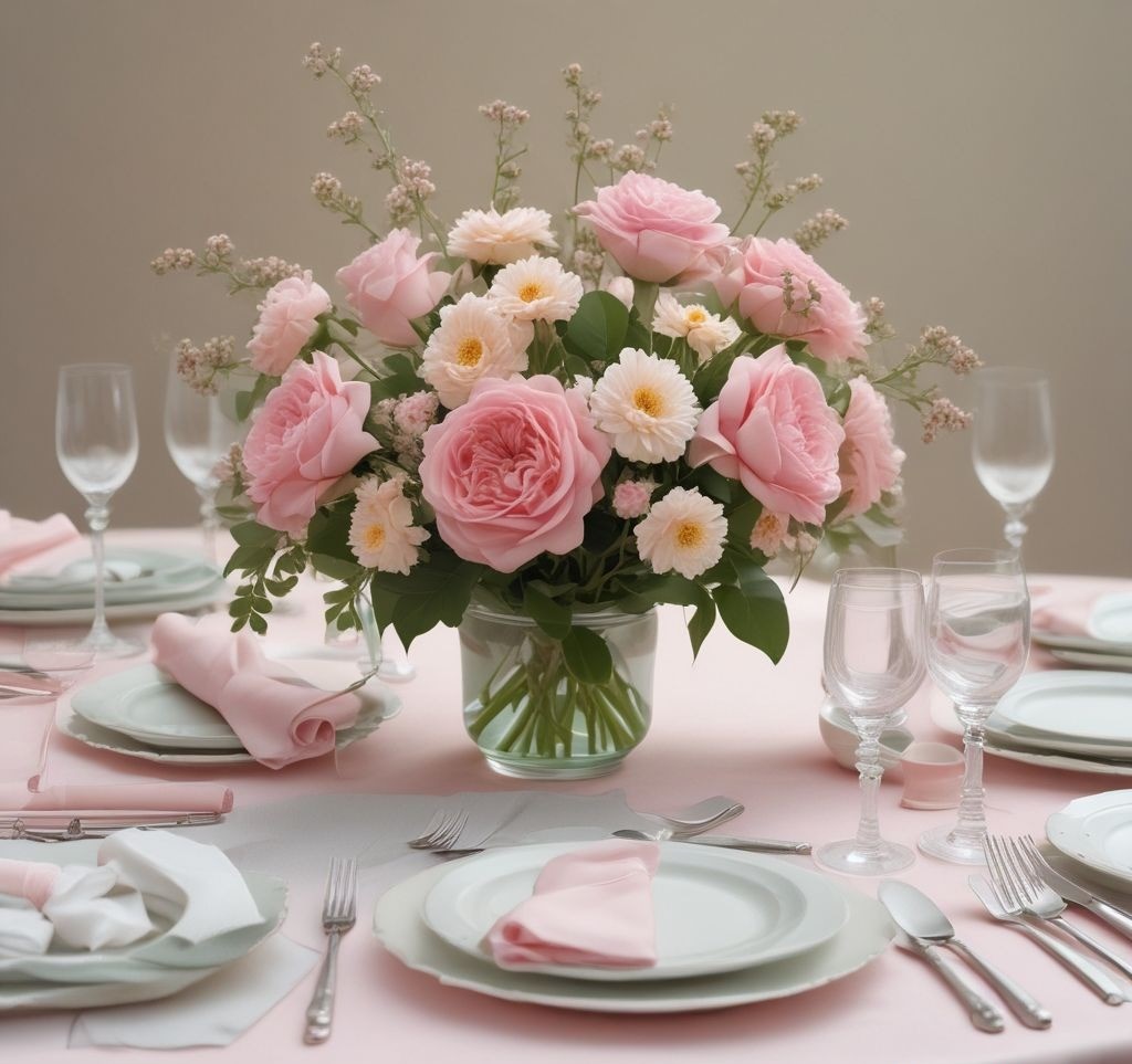A full table view with a blush pink tablecloth, white napkins tied with a delicate ribbon, and matching pastel-hued plates. Include small flower arrangements in pastel-colored vases for a cohesive look.