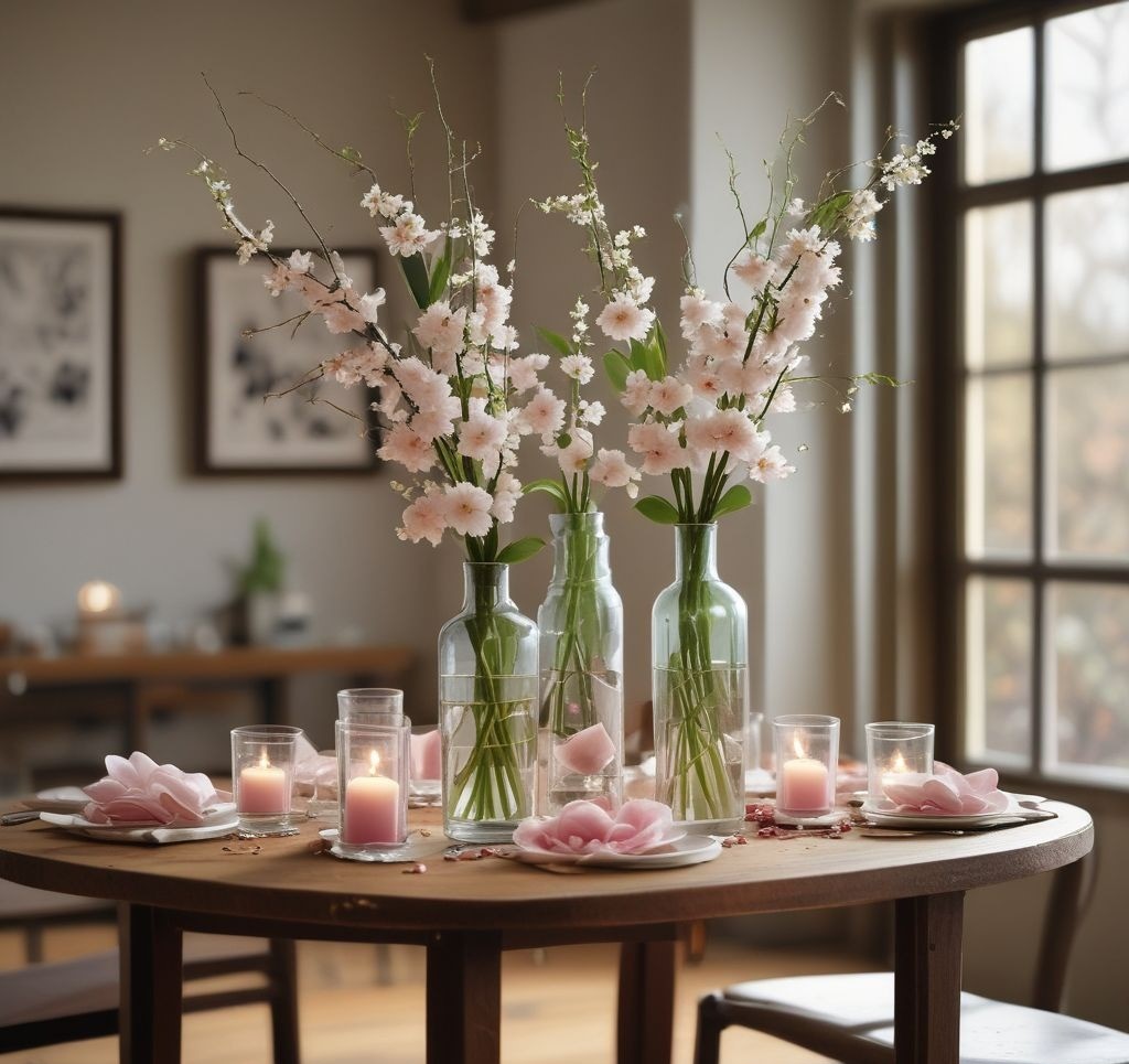 A striking spring table centerpiece featuring tall glass vases with cherry blossoms and tulips, surrounded by small candles and scattered greenery, set against a rustic wooden table in an airy indoor space.