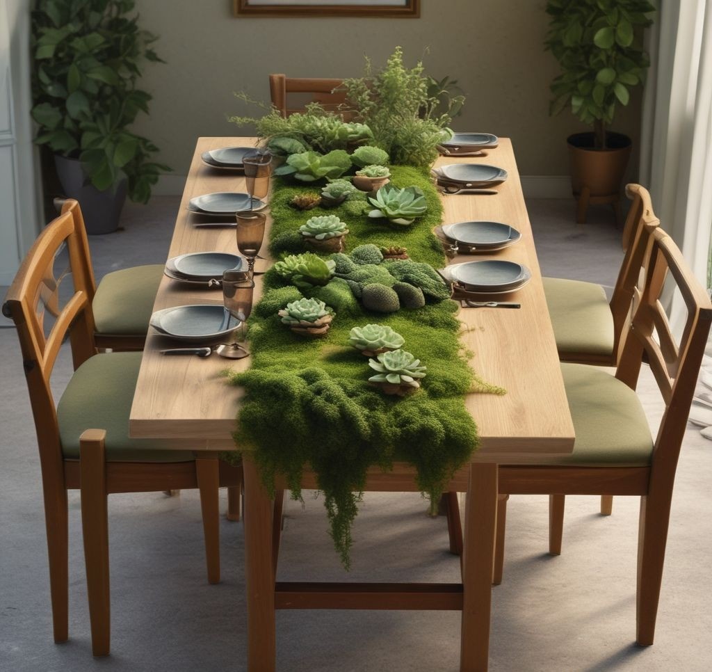 A spring-inspired table featuring a moss runner, small potted succulents, and decorative nests with faux pastel-colored eggs. Include wooden chairs and light greenery around the setting.