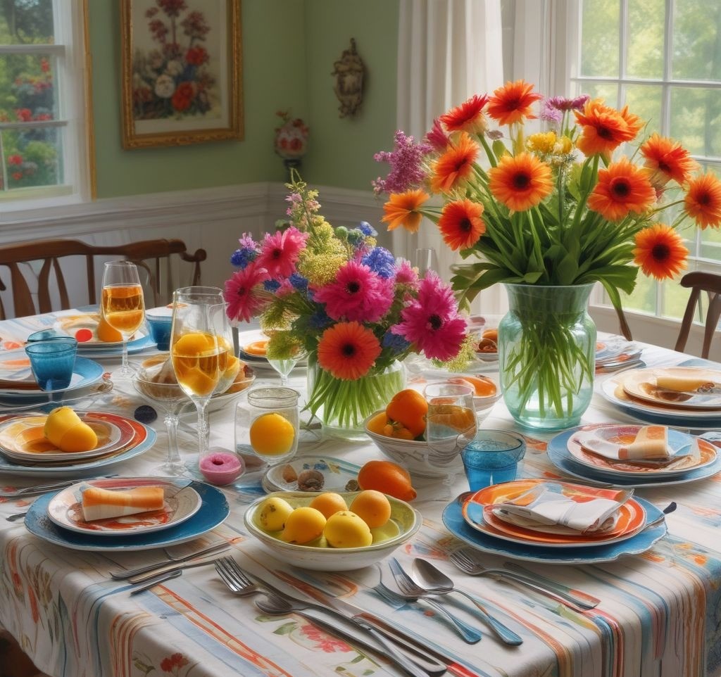 A spring table with a floral-printed tablecloth, striped napkins, and vibrant patterned plates, complemented by colorful glassware and fresh flowers, set in a bright, sunlit dining room.