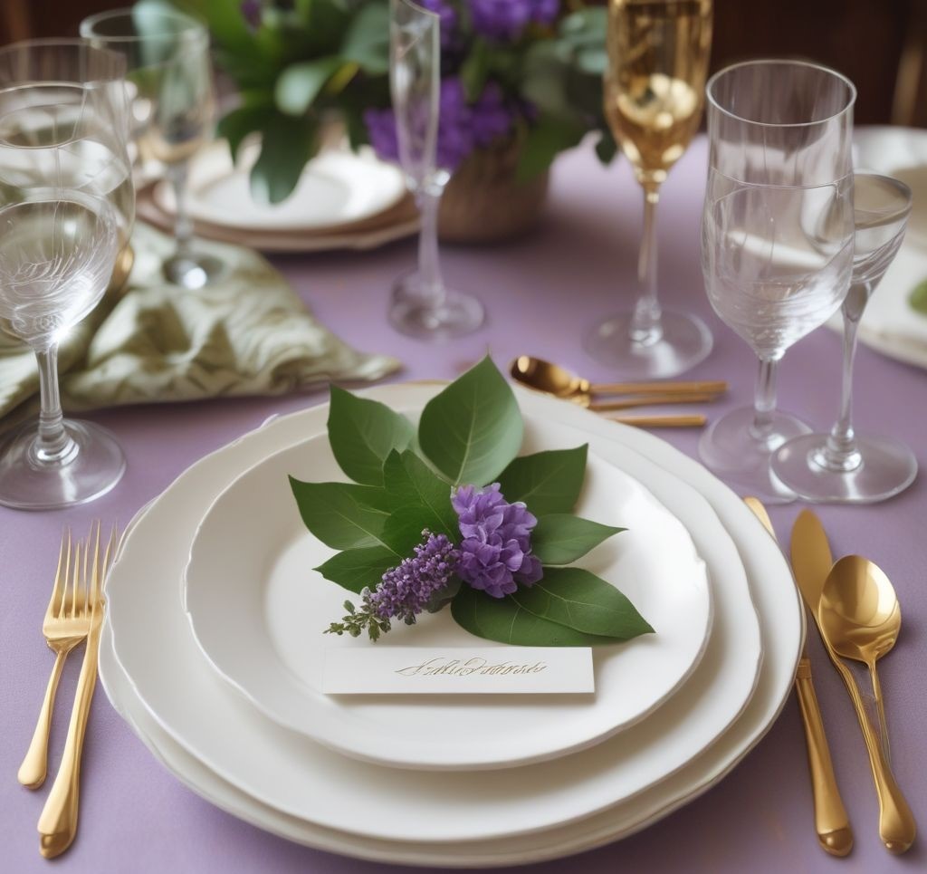 An elegant table setting with personalized leaf-shaped place cards placed on each plate. The leaves have names written in gold calligraphy. Add a small bouquet or sprig of lavender tied to the place card for an extra touch.