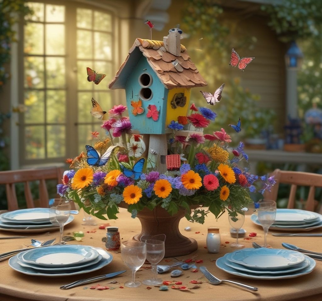 A whimsical spring table decorated with small painted birdhouses, faux butterflies perched on napkin rings, and a vibrant floral centerpiece, set in a cozy backyard with soft lighting.