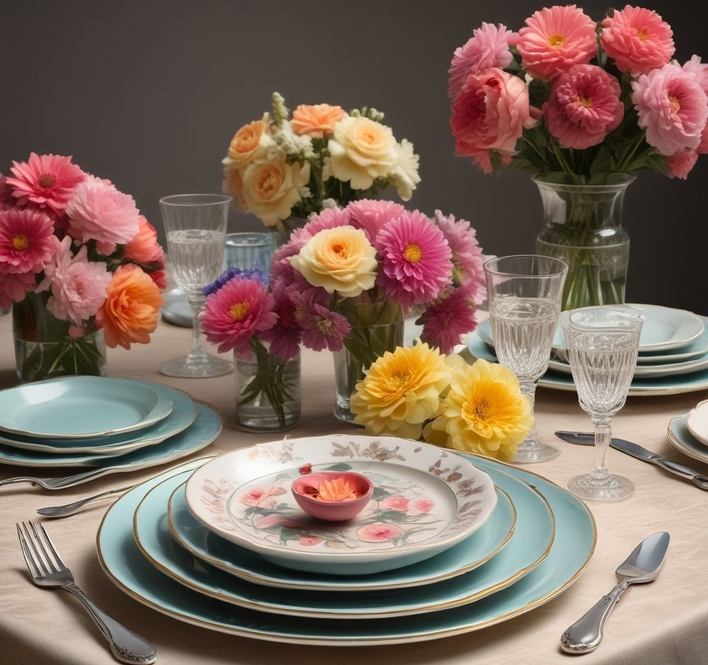 A table featuring layered dishware: floral-patterned plates on top of pastel chargers, surrounded by silverware and matching glasses. The centerpiece includes small vases filled with seasonal flowers.