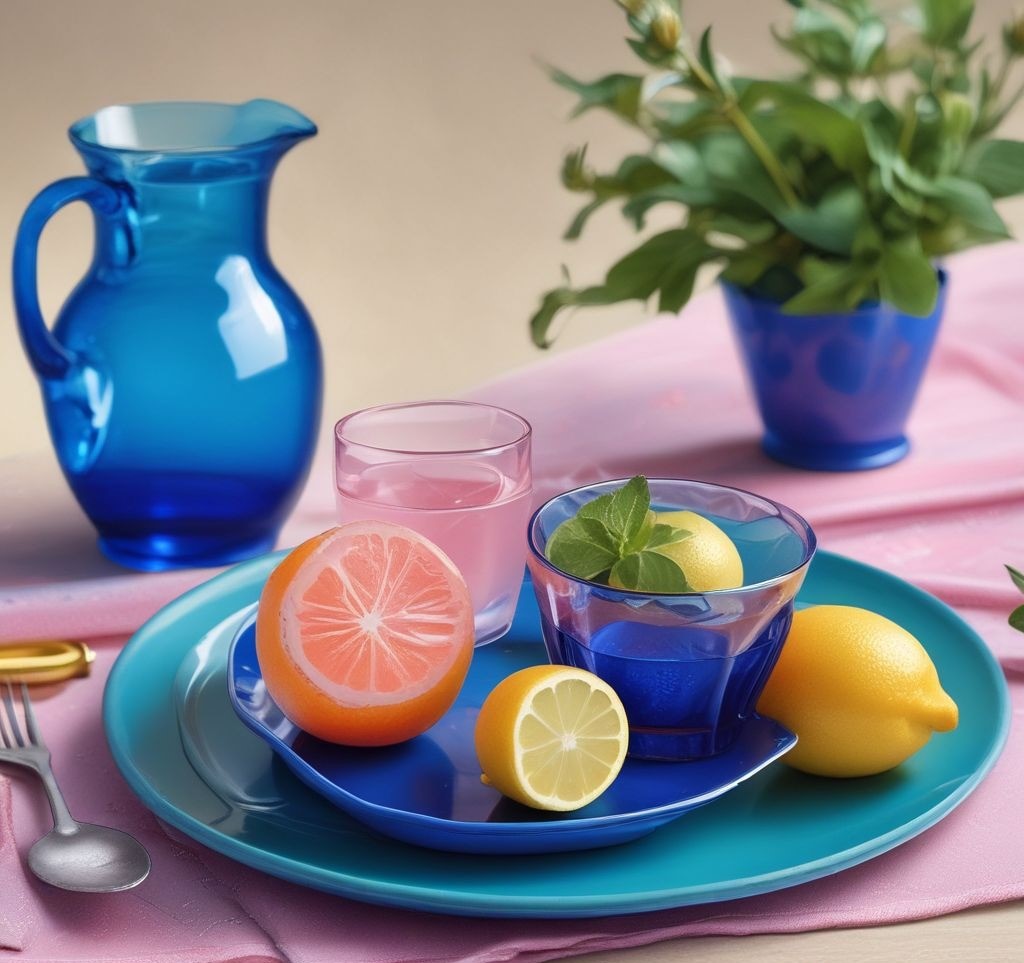 Close-up of a spring table featuring colored glassware in cobalt blue and blush pink, paired with a citrus-infused drink garnished with fresh mint and a slice of lemon, set on a textured placemat.