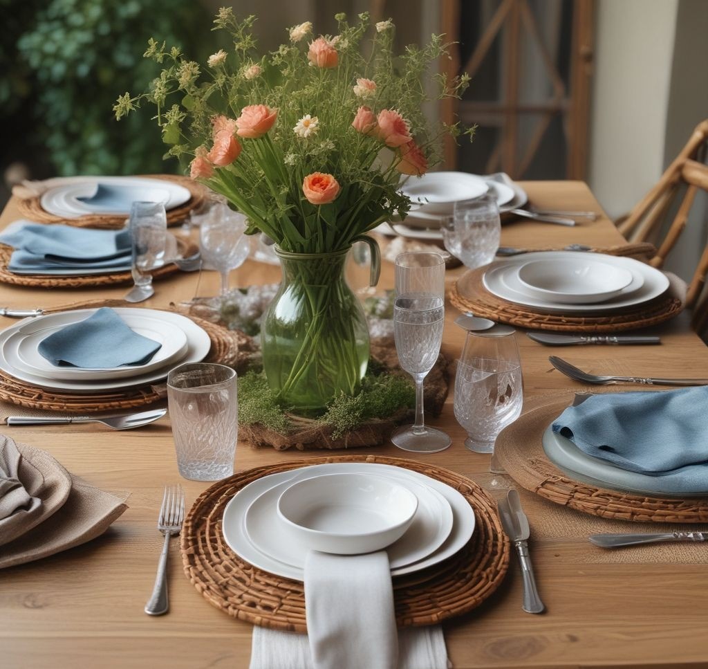A spring table with rattan placemats, linen napkins, ceramic plates, and glass goblets. The table has a mix of rustic wood and soft fabrics for a balanced, textural feel.