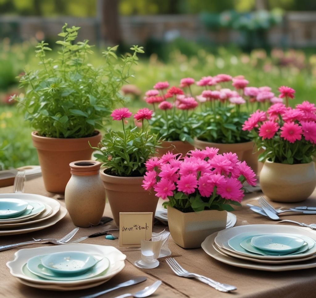A spring table setting with mini potted plants as place cards, each with a handwritten tag, alongside vibrant plates and a small thank-you note for guests, set in a garden setting.