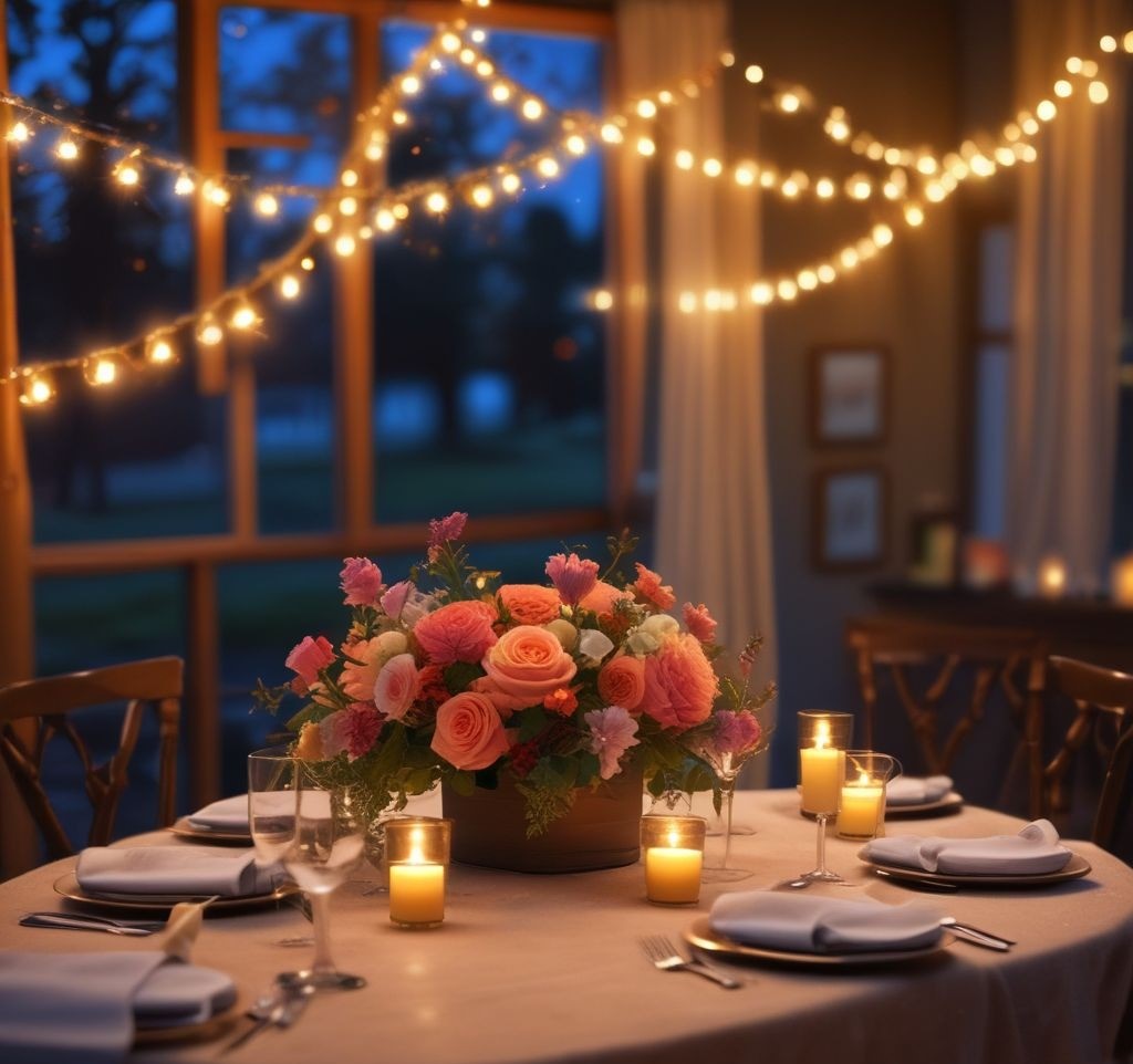 An evening setting with soft string lights draped around the table and small votive candles placed along the center. The table features subtle floral arrangements and warm, glowing lighting for an intimate ambiance.