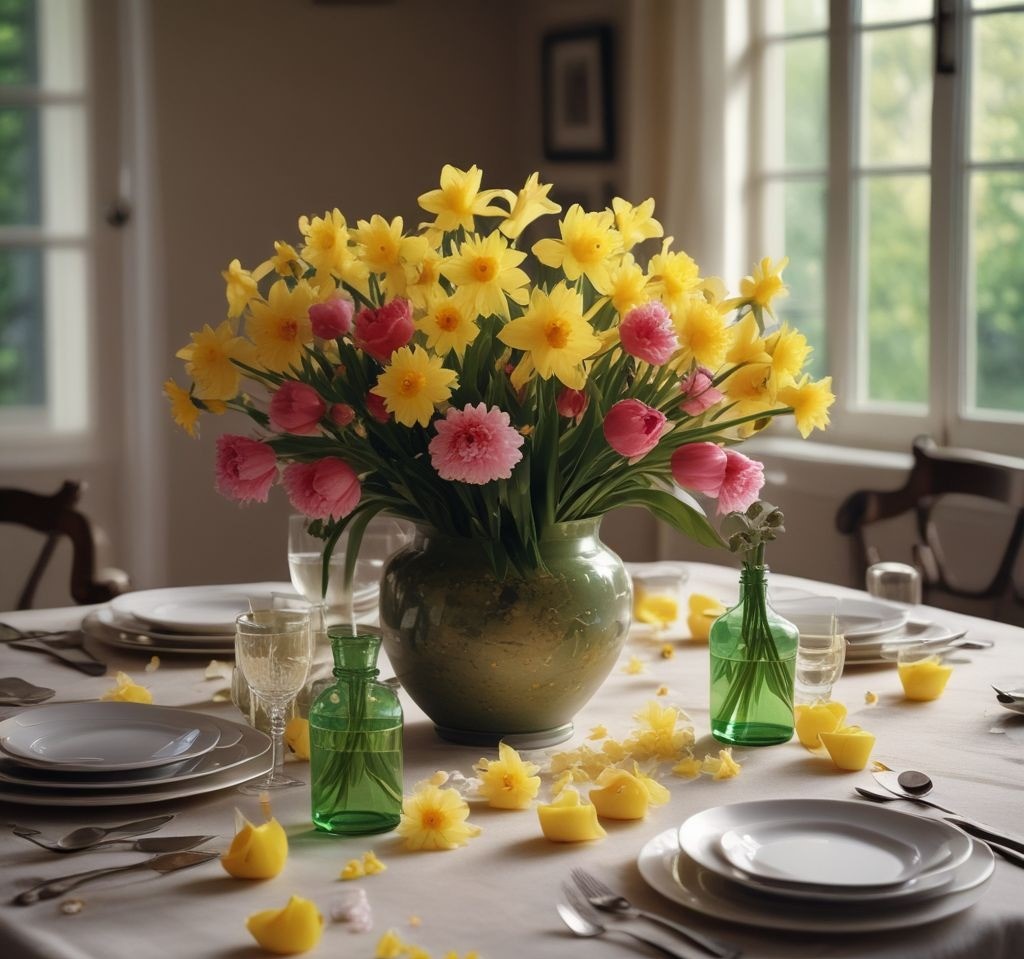 A spring table adorned with low-profile vases filled with daffodils, hyacinths, and peonies, with scattered petals and greenery directly on the table, under the glow of soft candlelight.
