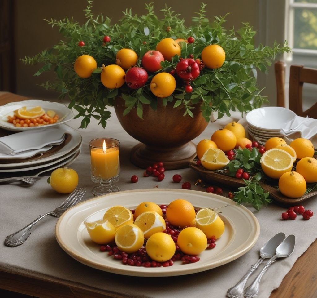 A rustic spring table with a bowl of lemons and oranges as the centerpiece. Scatter pomegranate seeds and small sprigs of greenery along the table. Plates feature bright, citrus-colored napkins to match.