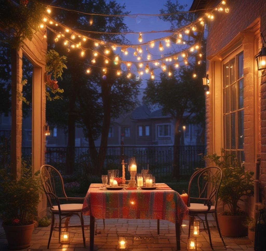 A glowing spring table illuminated by fairy lights strung across the table and colorful candles in glass holders, creating a magical ambiance during twilight in an outdoor patio.