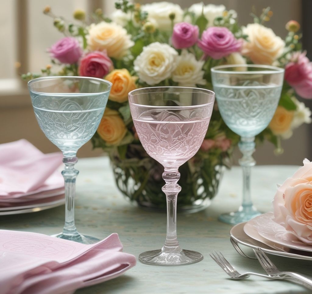 A close-up of etched glass goblets and pastel-tinted wine glasses on a spring table. The background features floral arrangements and a soft pastel table runner for added elegance.