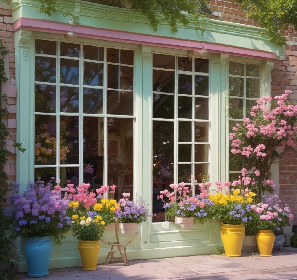 A vibrant spring-themed window display featuring pastel shades like mint green, blush pink, and lavender. Bright yellow accents add energy, while soft floral backdrops create a soothing atmosphere. Include props like delicate vases, blooming flowers, and color-coordinated merchandise elegantly arranged. High-resolution, inviting, and fresh.