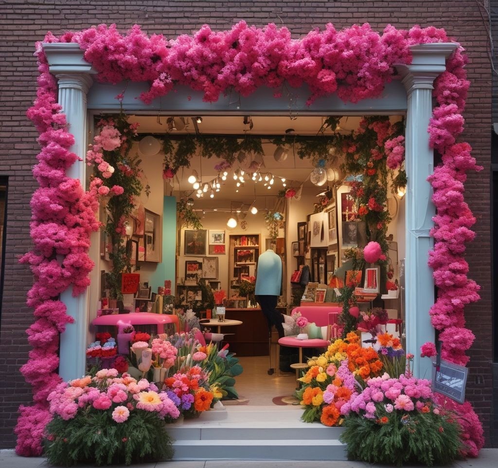 An Instagram-ready spring window display with bold visuals, unique props like oversized flower sculptures, and hashtag-friendly signage like '#SpringVibes.' Use a photo booth corner with a floral frame and pastel lighting, inviting customers to snap and share. High-resolution, social-media-friendly, and eye-catching.