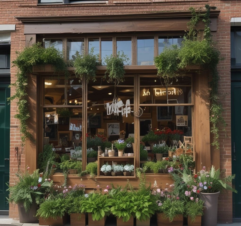 A spring window display adorned with natural elements such as faux green foliage, blooming branches, and wildflowers. Incorporate rustic wooden crates, hanging planters, and eco-friendly signage. The overall vibe is fresh and eco-conscious, evoking a sense of rejuvenation. High-resolution, nature-inspired, and airy.