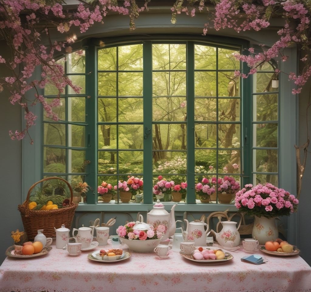 A whimsical spring window display showcasing a garden party scene. Include a picnic table with floral tableware, pastel cushions, and a background of cherry blossom trees. Props like string lights, a vintage teapot, and a picnic basket complete the visual story. High-resolution, dreamy, and inviting.
