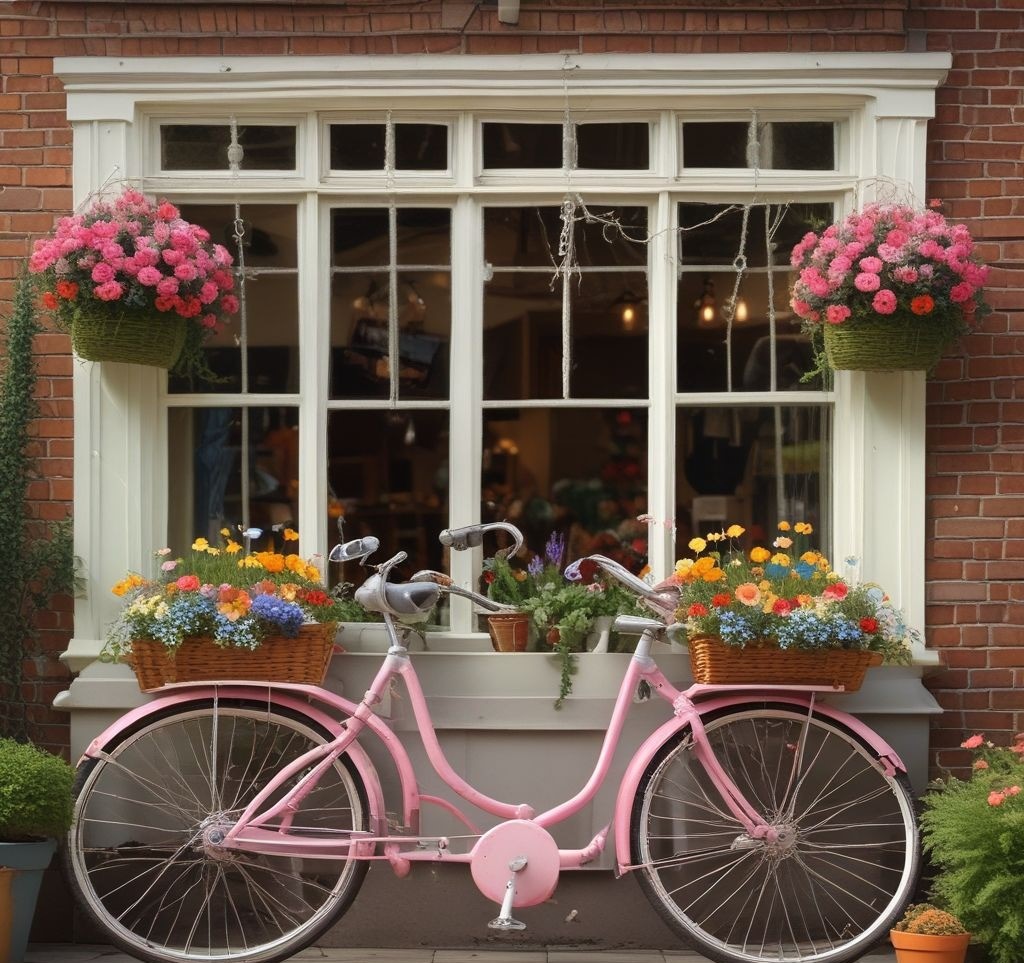 A nostalgic spring window display featuring vintage bicycles with flower baskets, wicker furniture, and pastel garlands. Add a backdrop of a sunny garden and include Easter-inspired props like painted eggs and bunny figurines. High-resolution, heartwarming, and visually rich.
