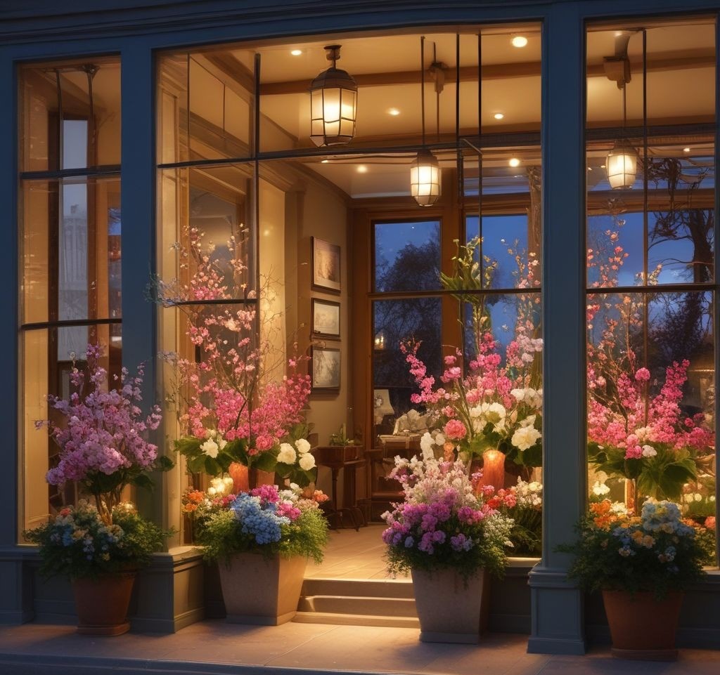 A spring window display with soft, warm lighting mimicking natural sunlight. Include glowing string lights, illuminated floral arrangements, and reflective surfaces to create a welcoming glow. The products are showcased under spotlights, emphasizing their spring-themed details. High-resolution, luminous, and cozy.