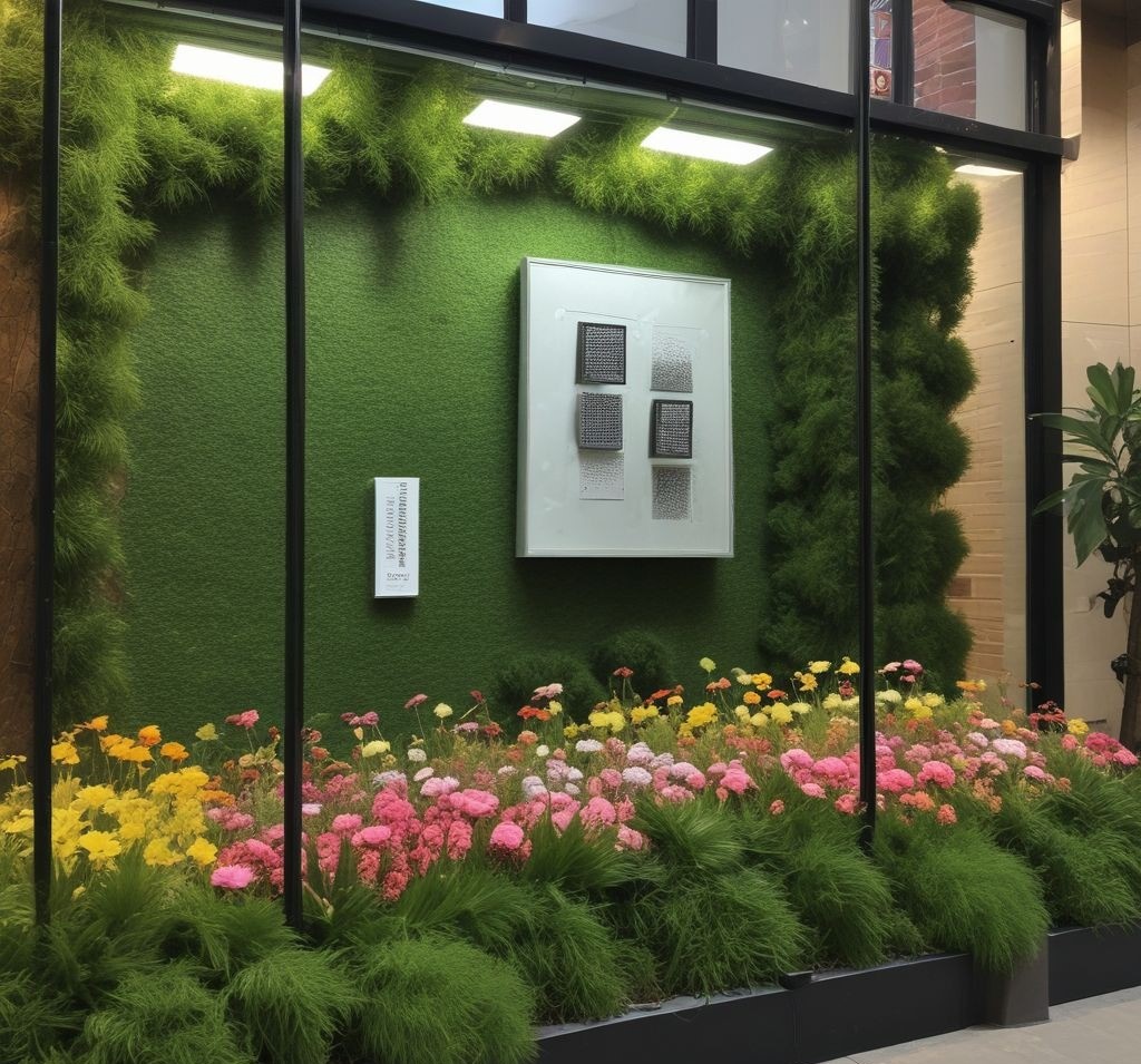 A multi-sensory spring window display featuring touchable textures like faux grass, interactive QR codes on product tags, and a diffuser emitting subtle floral scents. Props like oversized flowers and textured backdrops invite touch and exploration. High-resolution, immersive, and sensory-focused.