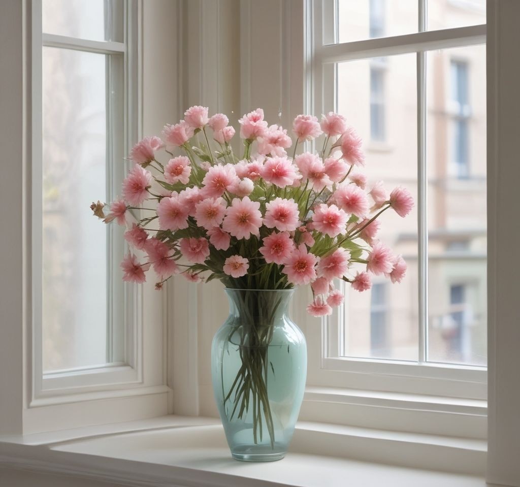 A minimalist spring window display with a clear focal point: a stunning floral arrangement in a pastel vase. Surround it with subtle props like small candles and greenery, ensuring a clutter-free and balanced design. High-resolution, clean, and aesthetically pleasing.