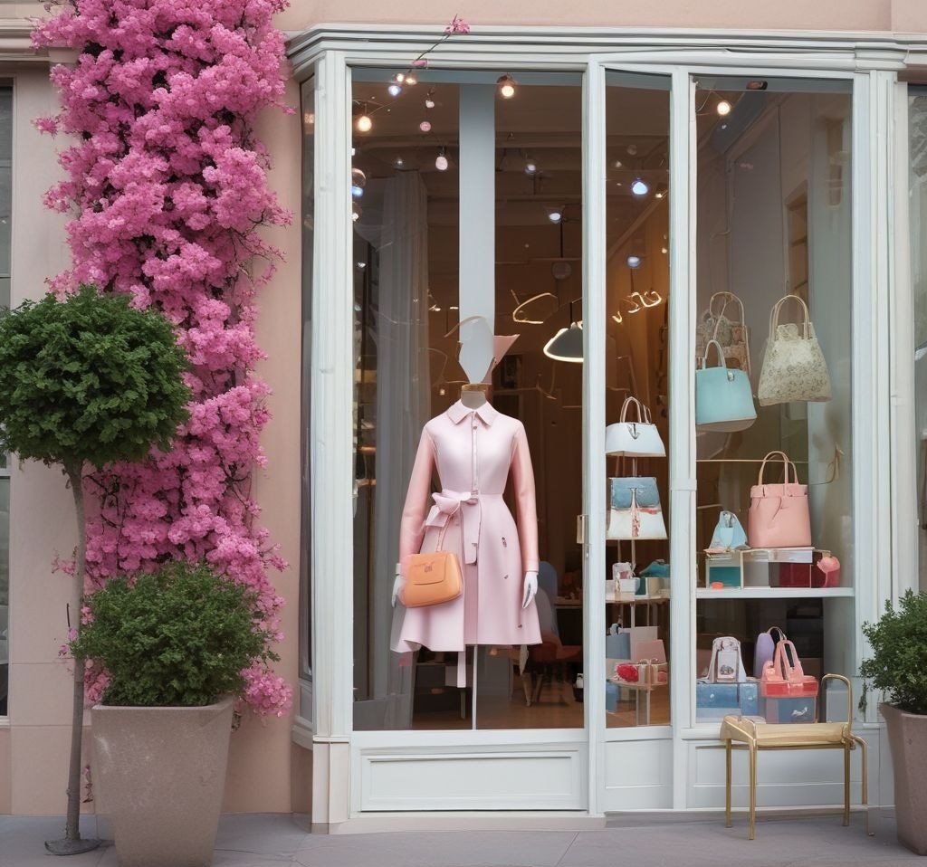 A trendy spring window display featuring this season's must-have items, like pastel handbags or floral dresses. Include signs like 'Best Seller' or 'Trending Now' in elegant fonts. Use a chic backdrop with geometric patterns and vibrant pops of spring colors. High-resolution, stylish, and modern.