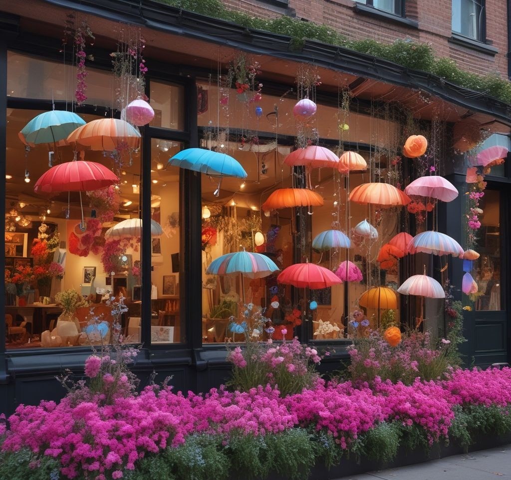 A dynamic spring window display with rotating floral arrangements, fluttering fabric pieces, and kinetic props like wind chimes or spinning pastel umbrellas. The backdrop features cascading light effects, adding an element of movement and intrigue. High-resolution, lively, and attention-grabbing.