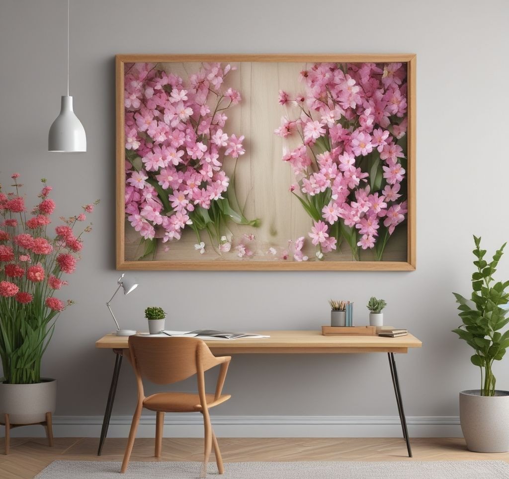 A beautifully designed flower bulletin board with a wooden frame, decorated with fresh spring flowers like daisies, tulips, and cherry blossoms. The board is placed in a cozy office with soft natural lighting, giving it a fresh and welcoming vibe.