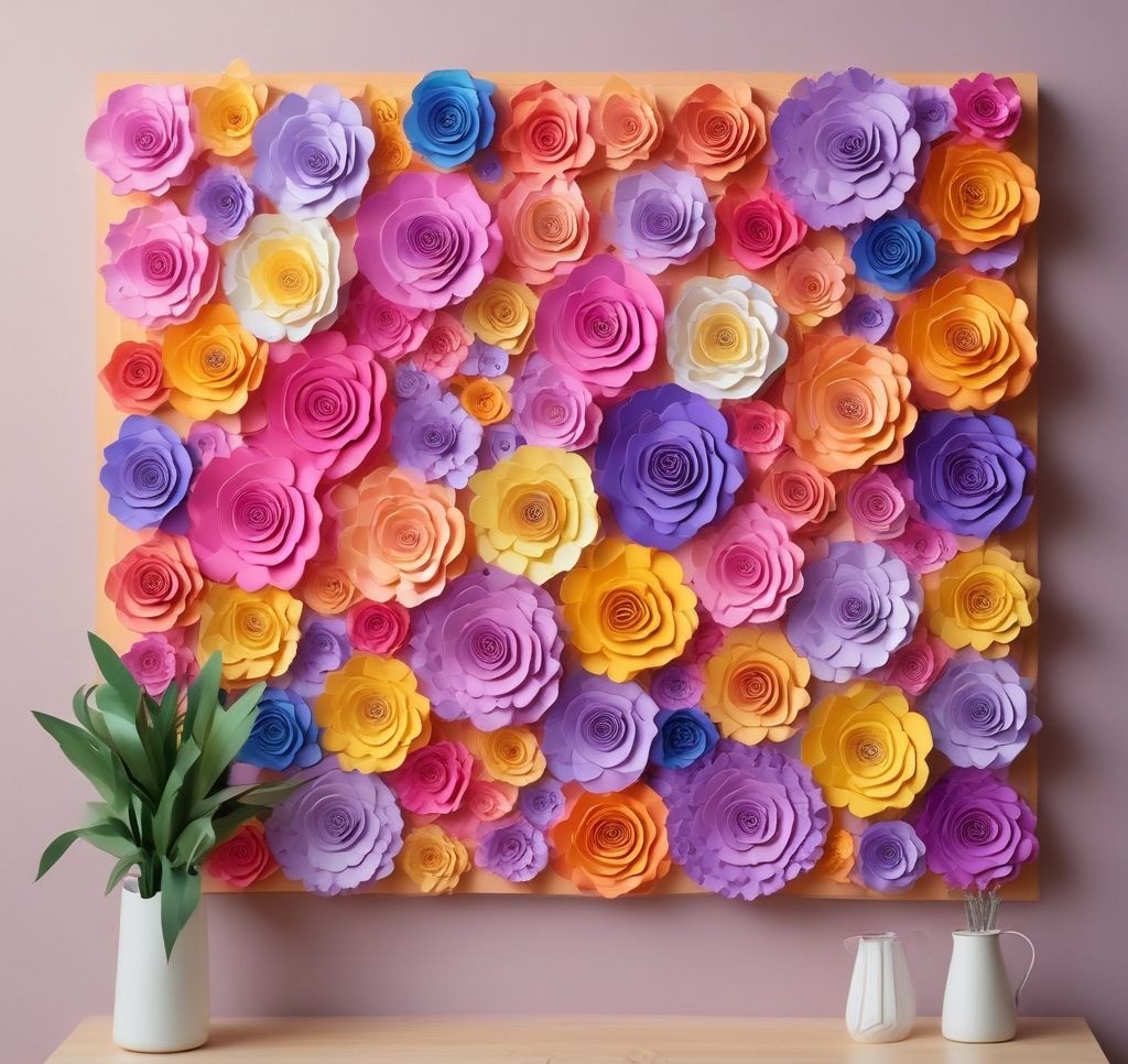 A vibrant DIY bulletin board adorned with colorful handcrafted paper flowers in shades of pink, yellow, and lavender. The handmade paper blooms add a playful and cheerful touch, perfect for a creative workspace or classroom.