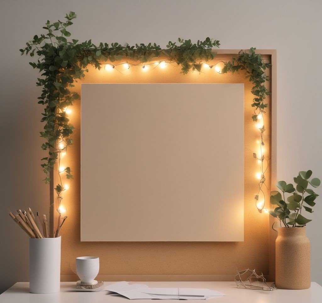 A modern, minimalist bulletin board with a neutral cork background, decorated with eucalyptus branches, simple white flowers, and delicate fairy lights. The board has neatly pinned notes and a soft, elegant aesthetic.