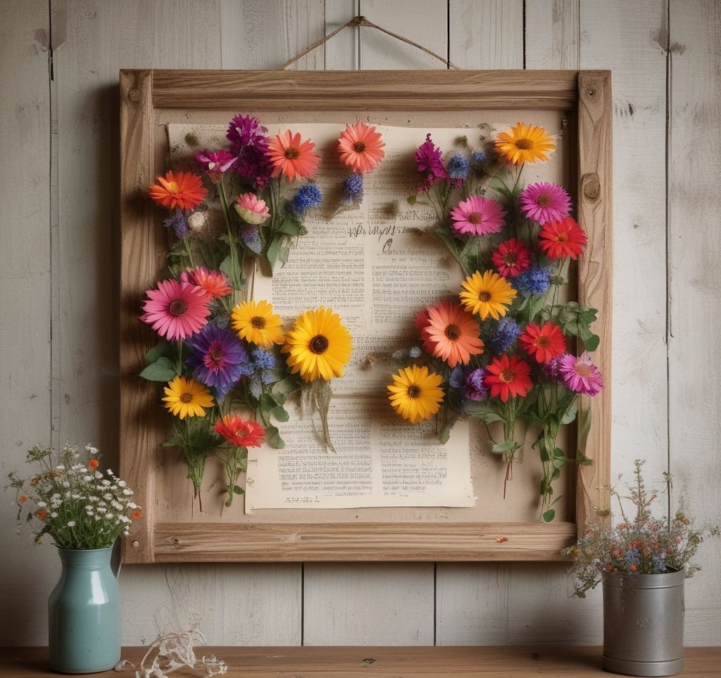 A rustic-themed flower bulletin board mounted on a distressed white wooden wall. It features fresh wildflowers, burlap ribbons, and handwritten notes pinned with tiny wooden clips. The soft natural lighting gives it a warm, cozy feel.