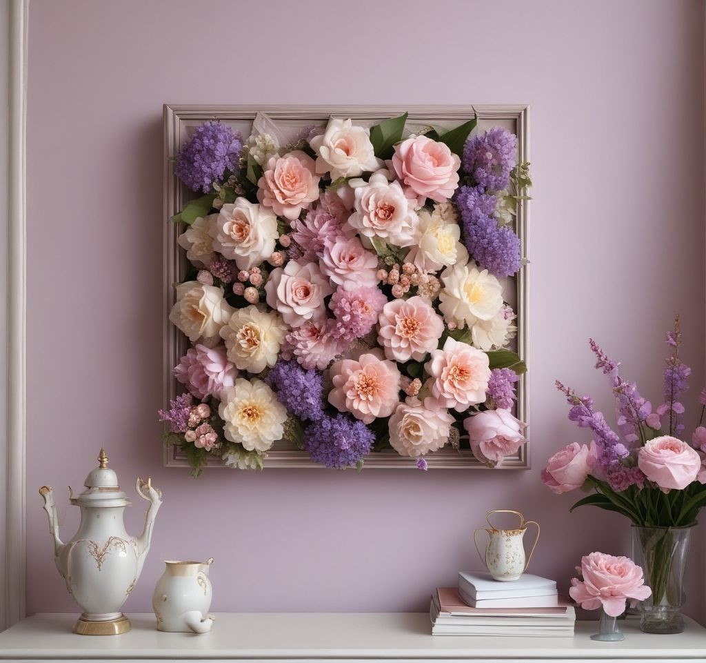 A lush, three-dimensional bulletin board covered with realistic artificial flowers in shades of blush pink, lavender, and ivory. The floral arrangement gives it a high-end, elegant touch, making it a centerpiece in a stylish office.