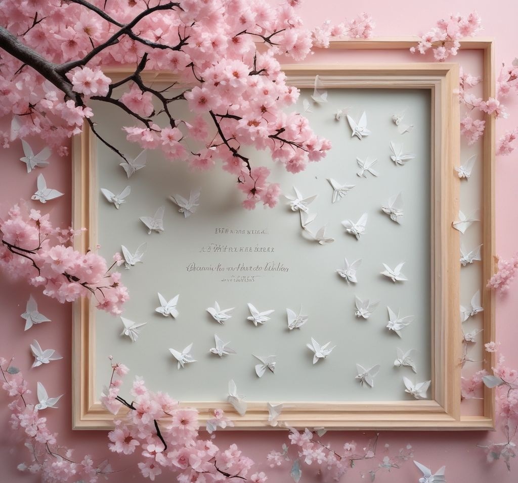 A dreamy bulletin board inspired by cherry blossom season. The soft pink and white blossoms delicately frame the board, with small origami birds and inspiring quotes pinned in a delicate, artistic arrangement.