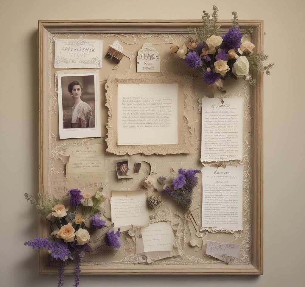 A vintage-style bulletin board with soft beige fabric, delicate lace borders, and pressed flowers arranged aesthetically. Pinned are handwritten notes, old postcards, and a few dried lavender sprigs, exuding a nostalgic springtime charm.