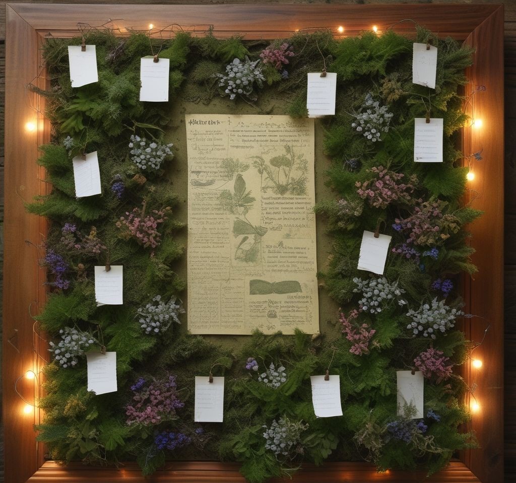 A garden-inspired bulletin board covered in soft green moss, decorated with tiny wildflowers and fairy lights. Small pinned notes with botanical illustrations and gardening tips create a cozy, nature-inspired look.