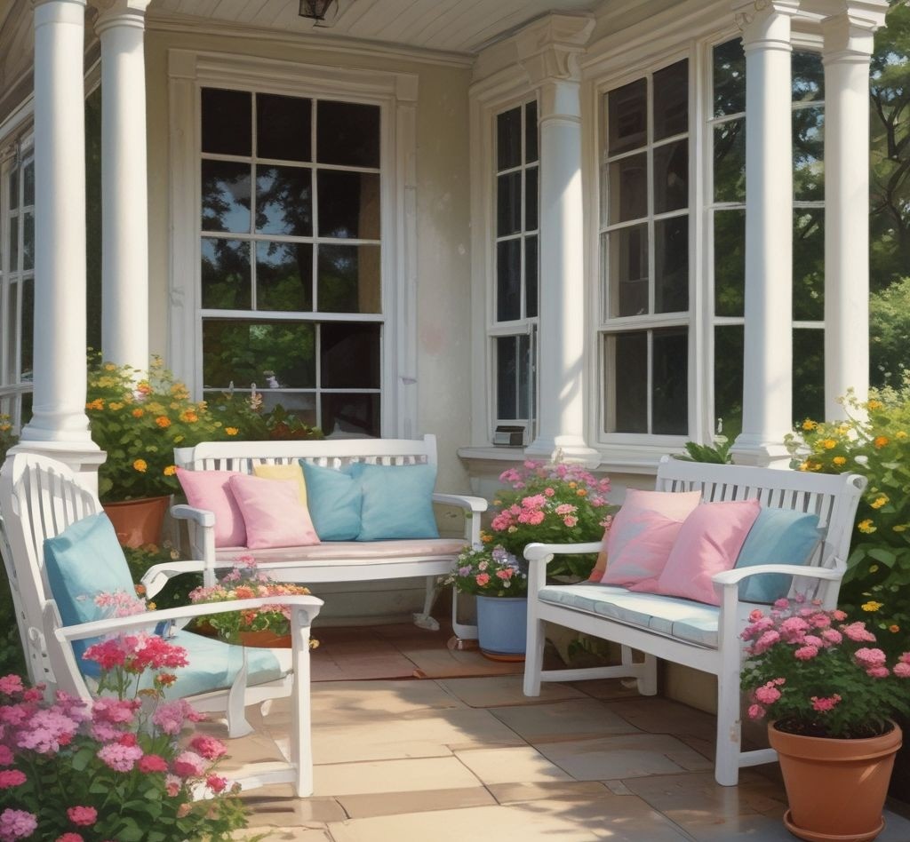 A small front porch featuring a white wooden bench with pastel cushions and a light throw blanket, surrounded by blooming flower pots and a small table holding a coffee mug.