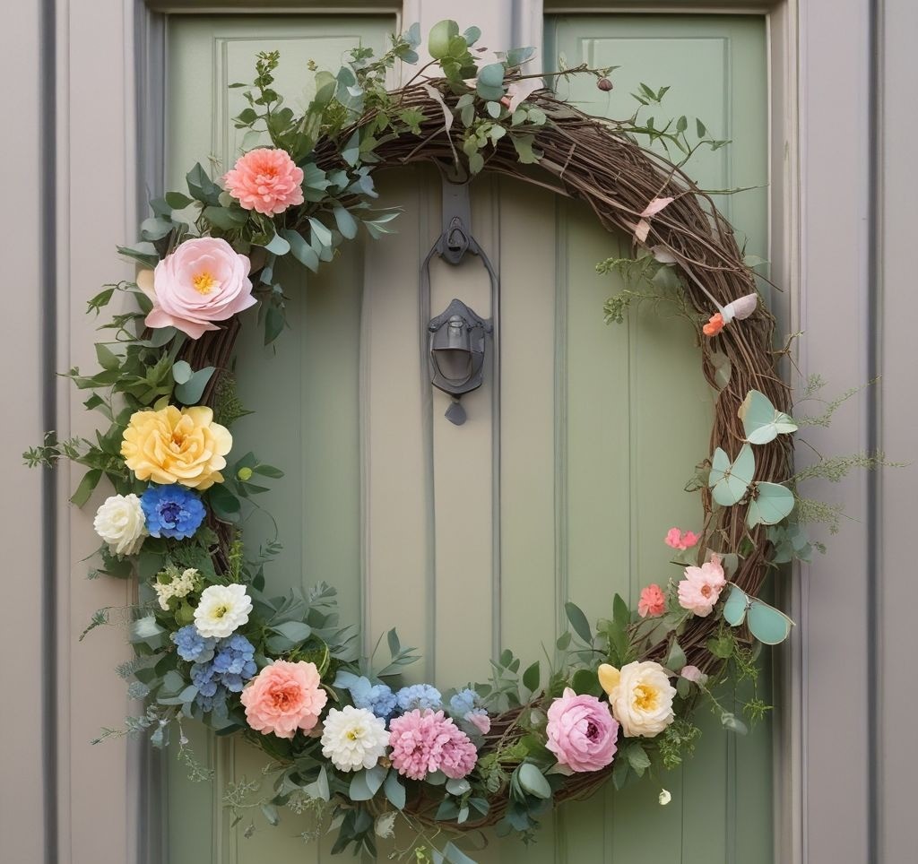 A close-up of a spring-inspired wreath on a brightly colored front door. The wreath is made of fresh flowers, eucalyptus leaves, and small seasonal accents like pastel eggs or butterflies. The door is framed by simple greenery.