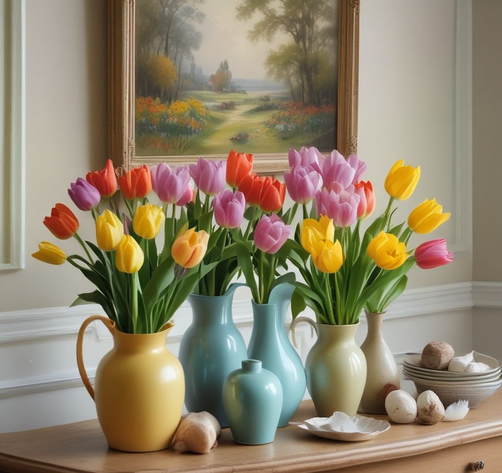 A spring-themed mantle decorated with pastel-colored candles, ceramic vases, and decorative objects in soft pinks, greens, and blues, with a sunny, bright room in the background.