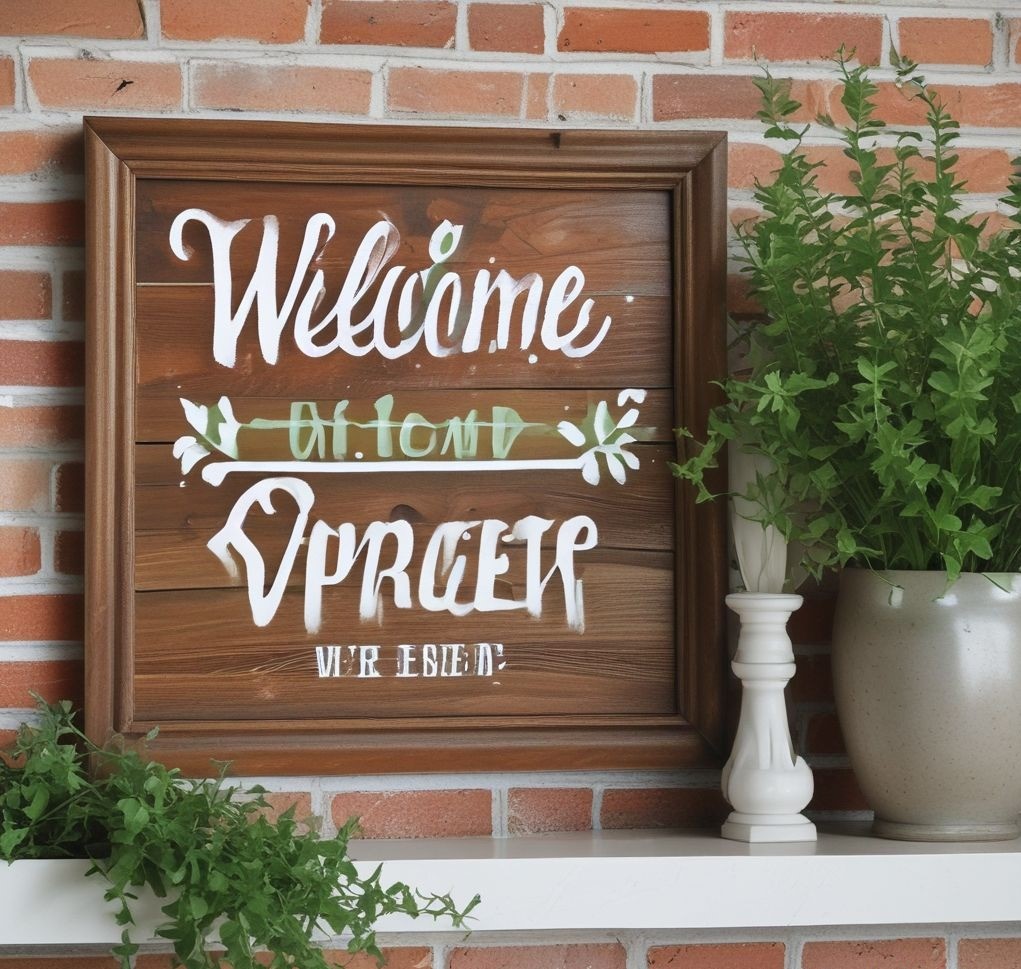 Rustic wooden sign with hand-painted white letters saying 'Welcome Spring', distressed edges, natural light, placed on a white brick fireplace mantle, soft green plants in background